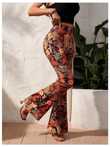 Floerns Women's Elastic High Waist Floral Print Flare Leg Summer Pants4