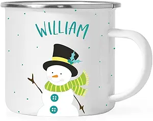 Andaz Press Personalized Name 11oz. Kids Christmas Hot Chocolate Stainless Steel Campfire Coffee Mug, Snowman Family Top Hat 1-Pack Custom Birthday Xmas Cup Christmas Mugs Kids Cups