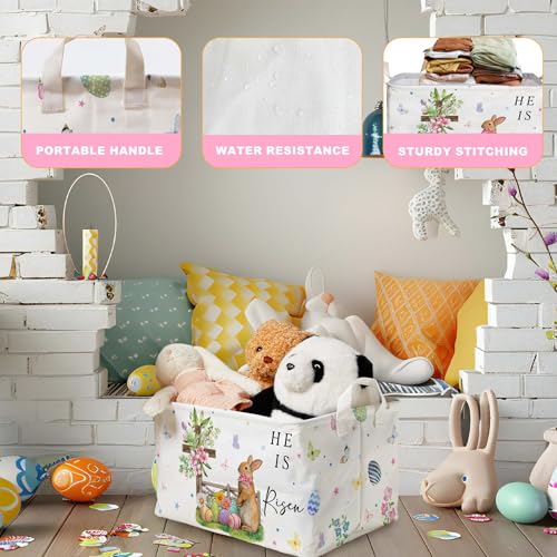 Image of Eggs Rabbit Easter Basket, Butterfly Bow Baby Gift Basket, Cross Flower Empty Toy Nursery Bin, Large Squarecanvas Laundry Hamper With A Waterproof PECoating, Foldable girlsToy Clothes Bins for Bedroom