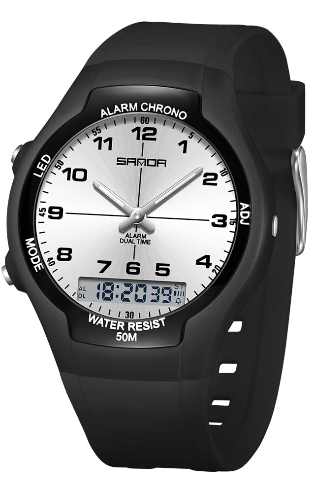 Gosasa Orologio sportivo da uomo e donna, analogico, digitale, doppio fuso orario, impermeabile fino a 50 m, sveglia, cronografo, retroilluminazione a LED, in silicone