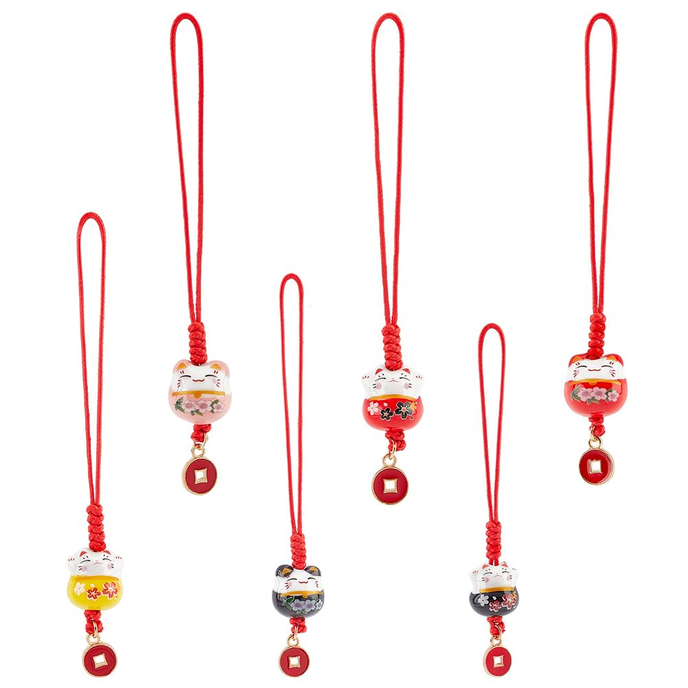 PH PandaHall Maneki Cat Key Holder, 6 Pieces, Mobile Phone Strap, Lucky Cat Keyring, Ceramic, Japanese Style, Pendant, Lucky Amulet, Accessories, New Year's Present, Gift : Clothing, Shoes & Jewelry
