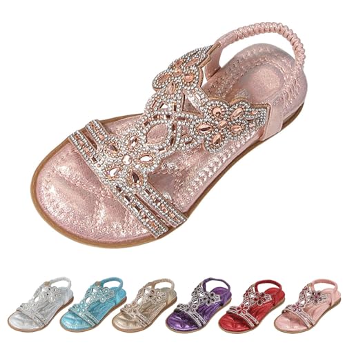 Sandalias para niños y niñas, con purpurina, zapatos de playa de princesa, zapatos planos con purpurina, zapatos de verano, sandalias bohemias cómodas, con diamantes de imitación, sandalias