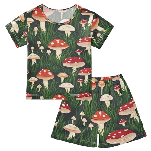 ALAZA Red Mushroom Leaf Pajamas Set Short Sleeve Cotton Sleepwear Summer Pjs 2 Piece 5-14Y