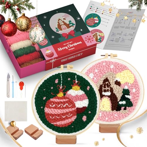 yuegool 2PCS Christmas Punch Needle Decoration Kit,Easy DIY Punch Needle Embroidery Kit for Beginners Adults Kids Including Patterns, Tools, Yarns, Hoop, Instruction, Bracket Art Craft Supplies by yuegool - Used condition - US$18.04
