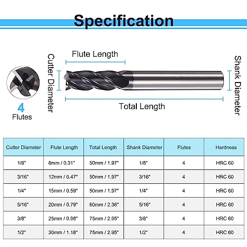 HARFINGTON Square End Mills Set(6pcs) HRC 60 4 Flutes AlTiN Coating Tungsten Steel Carbide Mill Bit for Hardened Steels