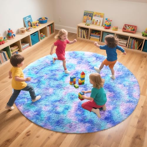 Rainbow Round Rug for Bedroom, 5Ft Fluffy Circle Area Rugs for Living Room, Shag Fuzzy Carpet for Kids Room, Nursery, Dorm, Classroom, Teen, Cute Baby Play Mat Home Decor Aesthetic, Blue