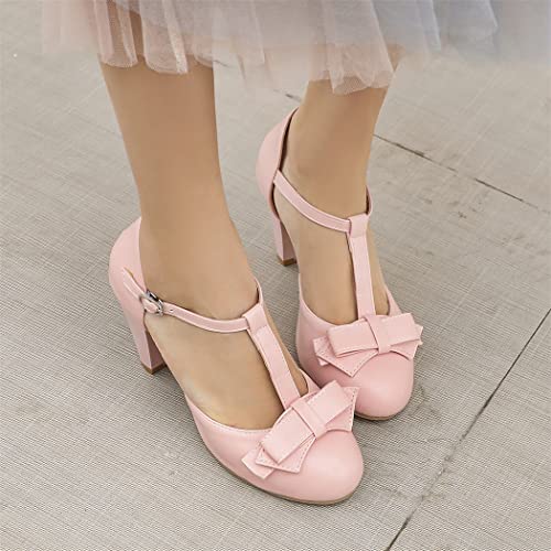 Image of Elbslutt Women's Cute Retro Rockabilly Shoes T Strap Mary Janes Heels Chunky Cosplay Shoes Sweet Block Heeled Bow Pumps