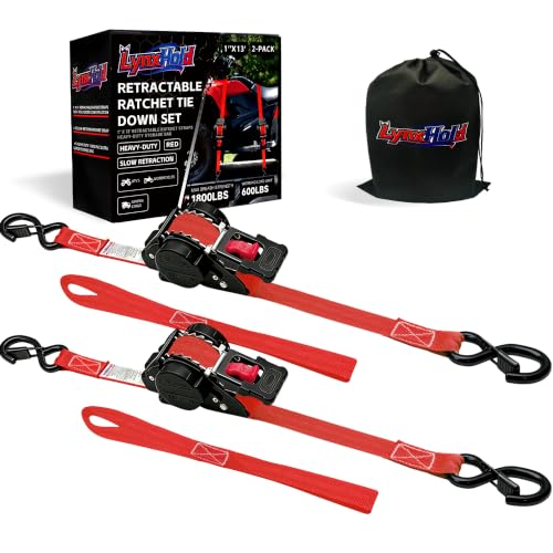 Image of Retractable Ratchet Straps (2-Pack) - Heavy Duty Auto Retraction Tie Down Straps - 1 Inch x 13 Feet (1,800lb Break Strength) - with Safety Lock S Hooks for Motorcycle, Truck Securing Cargo, Car