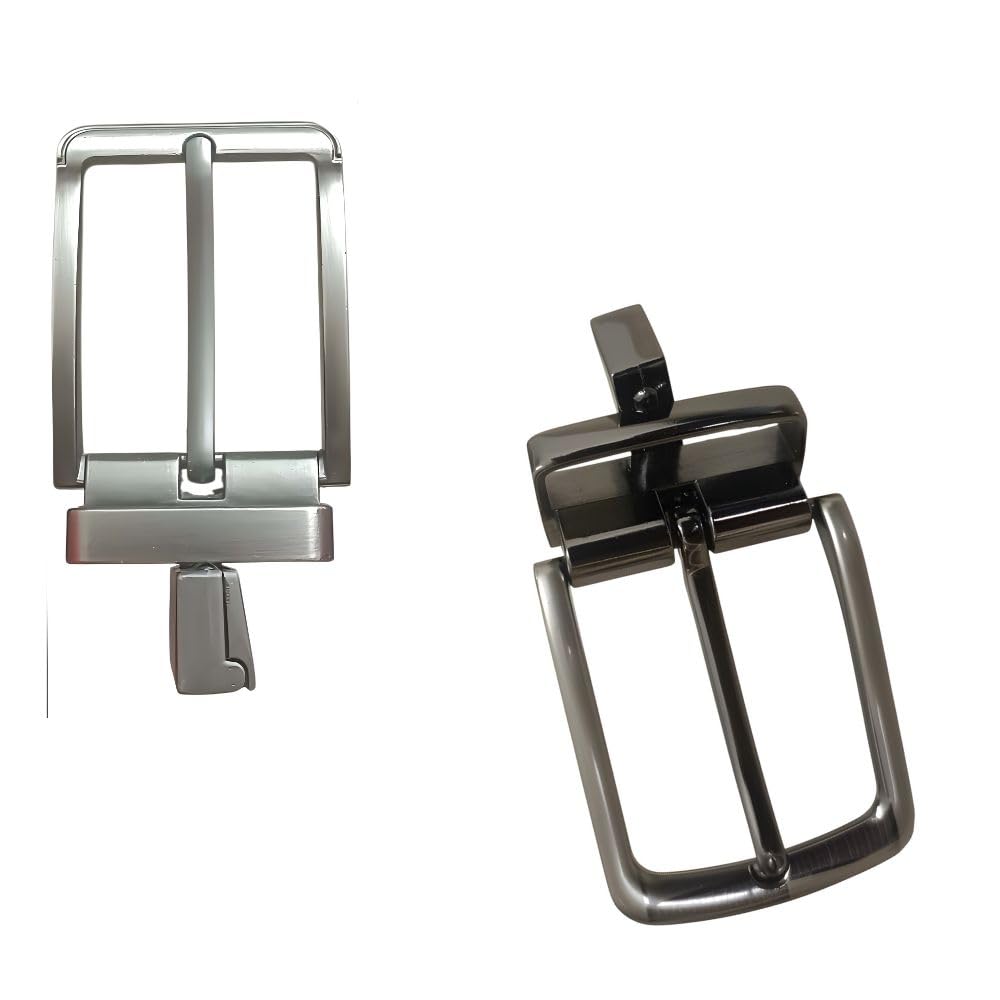 Men's Rotate Reversible Belt Buckle Only, 35mm Width, Metal Clamp Style, Formal Casual Business Party Everyday Wear Combo Pack 2 Silver Grey & Silver Brown