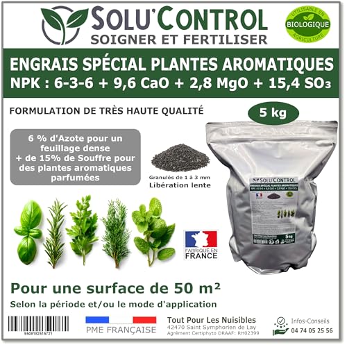 5 kg - Engrais Spécial Plantes Aromatiques NPK 6-3-6 - Favorise un feuillage dense, intensément parfumé et vigoureux - Utilisable en Agriculture Biologique (UAB) - Fabriqué en France