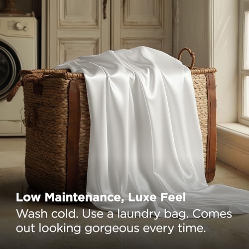 Image of Bedsure White Satin Sheets Queen Size, Soft Silky Bedsheet for Hair & Skin | Similar to Silk Bed Sheets Set 4 Piece with 15 Inches Deep Pocket Fitted Sheet,1 Flat Sheet, 2 Satin Pillowcases