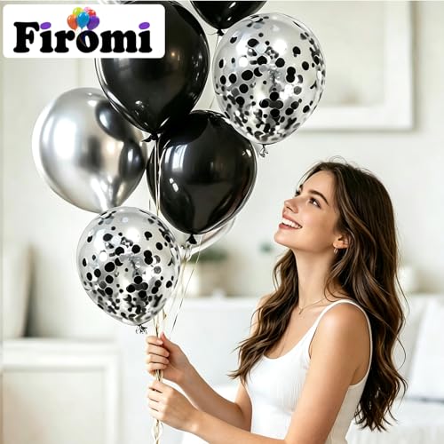 Image of Firomi Metallic Chrome Silver Black Balloons 12 inch 70 Pack (2 Ribbons) | Latex Black and Silver Confetti Balloons Set for Birthday Wedding Party New Year