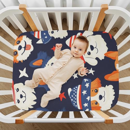 Image of Crib Sheet Breathable Soft Crib Mattress Sheet for Baby Toddler Boys Girls Fitted Crib Sheet Fit Standard Crib Mattress 39 x 27 Inch July 4th Cute Dogs Blue