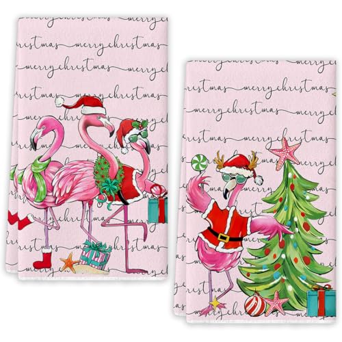 Flaircave Flamingo Christmas Kitchen Towels Decorative Set Beach Tropical Xmas Dish Towels Pink Winter Holiday Decor Flamingo Christmas Decorations for Home Party