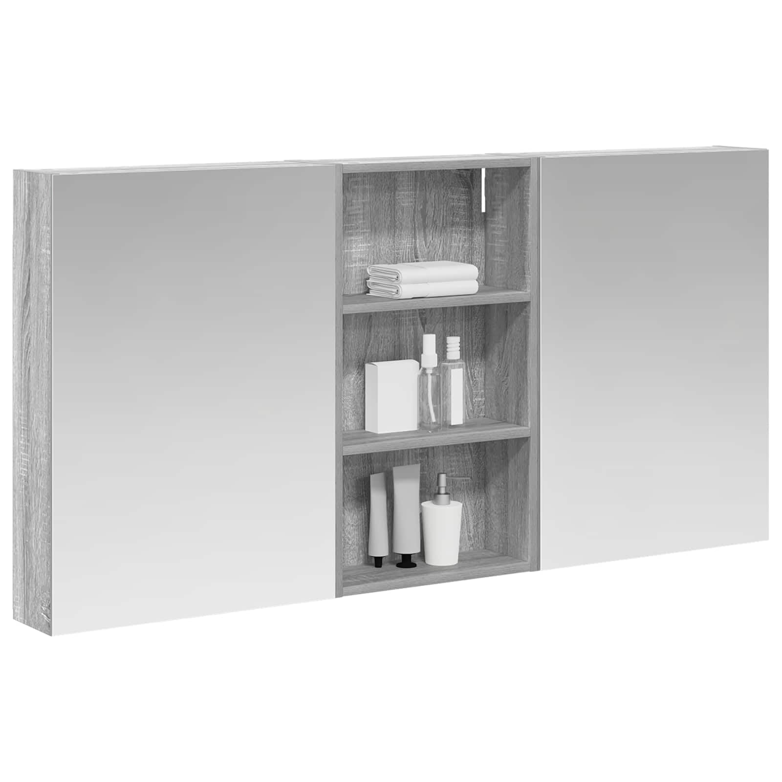 3-częściowy zestaw szafek łazienkowych 140 x 14,5 x 70 cm, materiał drewnopochodny z oświetleniem LED i dwukierunkowym lustrem, montowana na ścianie, dużo miejsca do przechowywania, nowoczesny