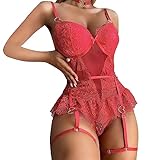 DUHENWU Conjunto de lencería sexy para mujer, conjunto de lencería erótica, sujetador push-up, liguero, body, ropa interior para mujer, lencería transparente, cuerpo profundo, cuello en V, curva