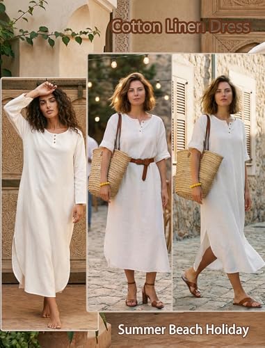 Image of Celmia Autumn Solid Loose Long Maxi Dress Cotton Caftan