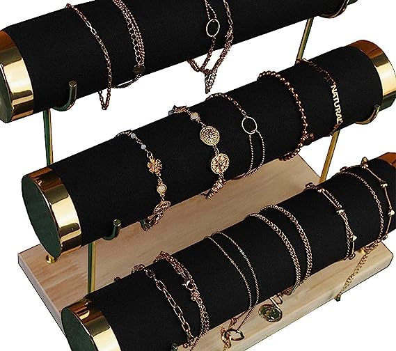 Image of Wooden Metal 3 Roll Black Gold Metal Chrome Finished Wooden Jewellery Display Stand