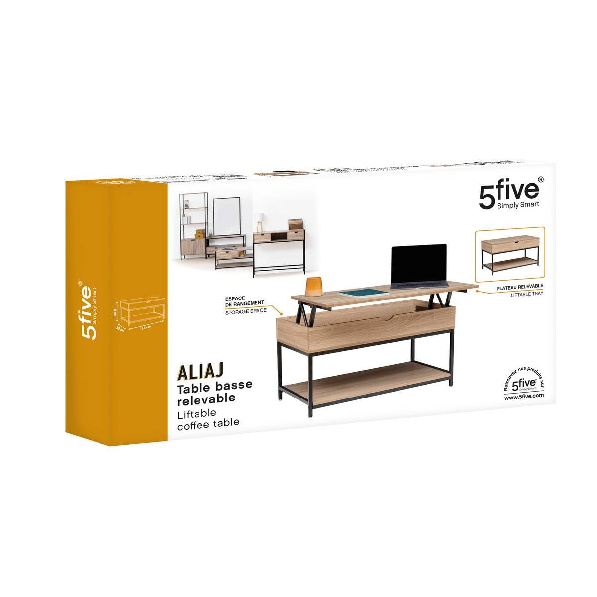 5five Aliaj Couchtisch mit Hubfunktion 95x50x51 cm Eichenoptik schwarzes Metall Schublade Stauraum