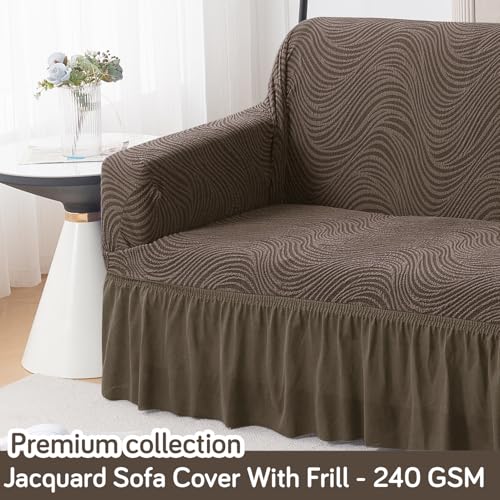 Image of HOKIPO 240 GSM Premium Jacquard Fully Covered Stretchable Sofa Cover for 2 Seater, 'Serene Wave Series' Taupe Brown (AR-6353-LBR)