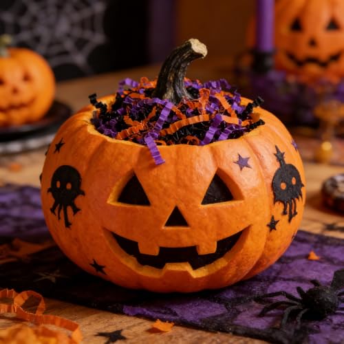 Image of Zankubom 1 /2LB Black Orange Purple Crinkle Cut Paper Shred Filler Great for Gift Wrapping, Basket Fillers, Birthday, Gift Wrapping, Anniversary, Halloween Christmas Party Decor Filling Supplies