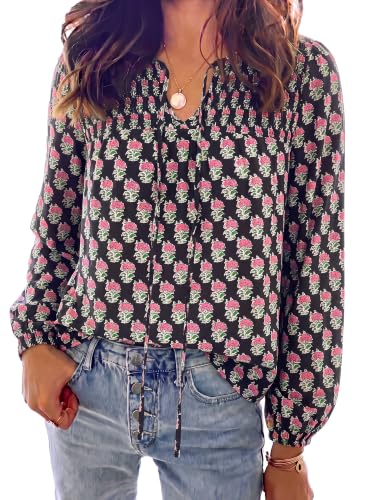 KIRUNDO Boho Tops for Women Trendy 2026 Fall V Neck Floral Peasant Blouse - image 5