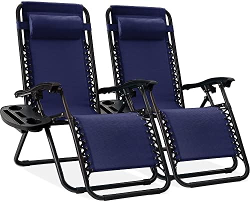 Best Choice Products Set of 2 Adjustable Steel Mesh Zero Gravity Lounge Chair Recliners w/Pillows and Cup Holder Trays, Navy Blue
