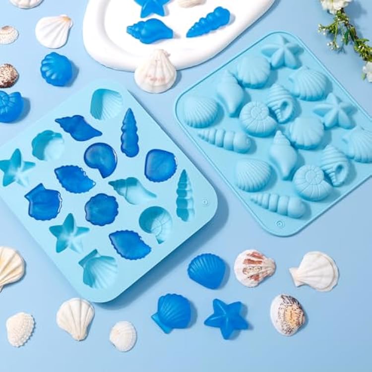2pcs قوالب صدف ، قوالب سيليكون موضوع البحرية قذائف Starfish Conch قوالب سيليكون قوالب حيوان البحر لشوكولاتة الحلوى (الأزرق)