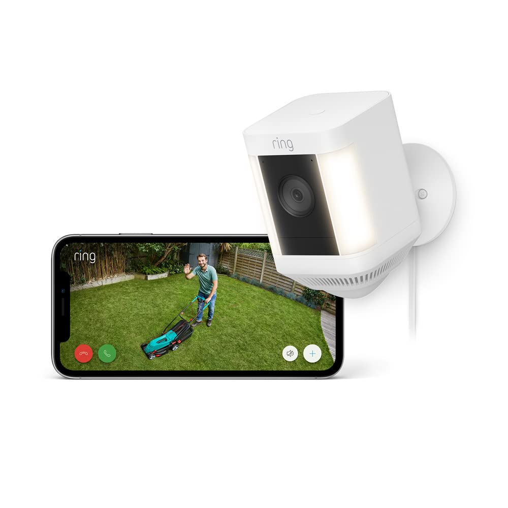 Ring Ring Spotlight Cam Plus Plug-In | Outdoor Security Camera 1080p HD Video, Two-Way Talk, Night Vision, LED Spotlights, Siren, alternative to CCTV system, 30-day free trial of Ring Home