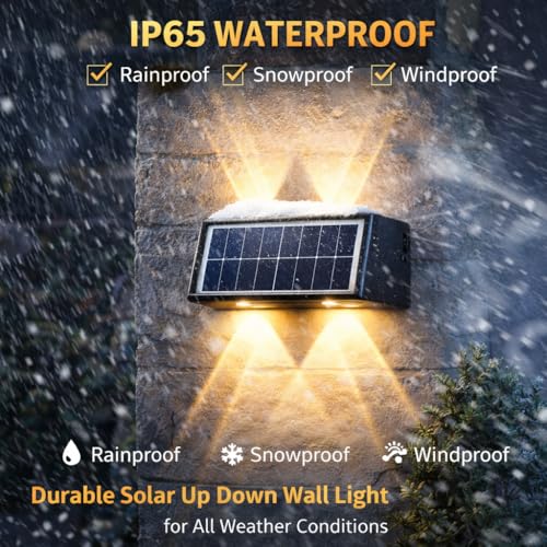 Image of Gesto 4W Solar Wall Lights Outdoor Waterproof IP65, Warm White Up & Down Wall Lamp with 1200mAh Battery, Auto ON /Off Dusk to Dawn, Exterior Light for Garden Fence Gate Patio Pathway Elevation Balcony