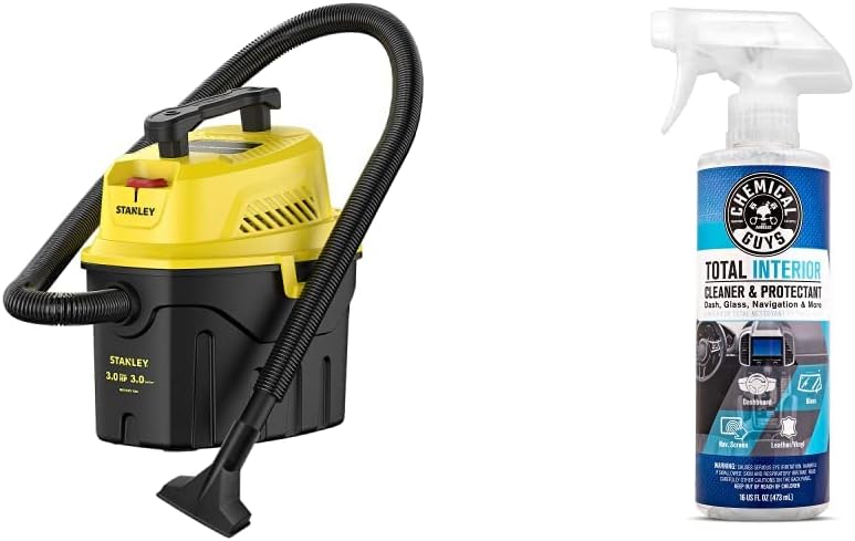 Stanley SL18910P-3 Wet/Dry, 3 Gallon, 3 Horsepower, Portable Car Vacuum, Black+Yellow & Chemical Guys CWS20316 Foaming Citrus Fabric Clean Carpet & Upholstery Cleaner, 16 fl oz, Citrus Scent - - 