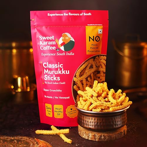 Image of Sweet Karam Coffee Classic Murukku Sticks | No Palm Oil | No Preservatives | Savory Snack | Authentic South Indian Chakli | Fresh & Crispy Tea Time Namkeen | Homemade Recepie | 200 Grams