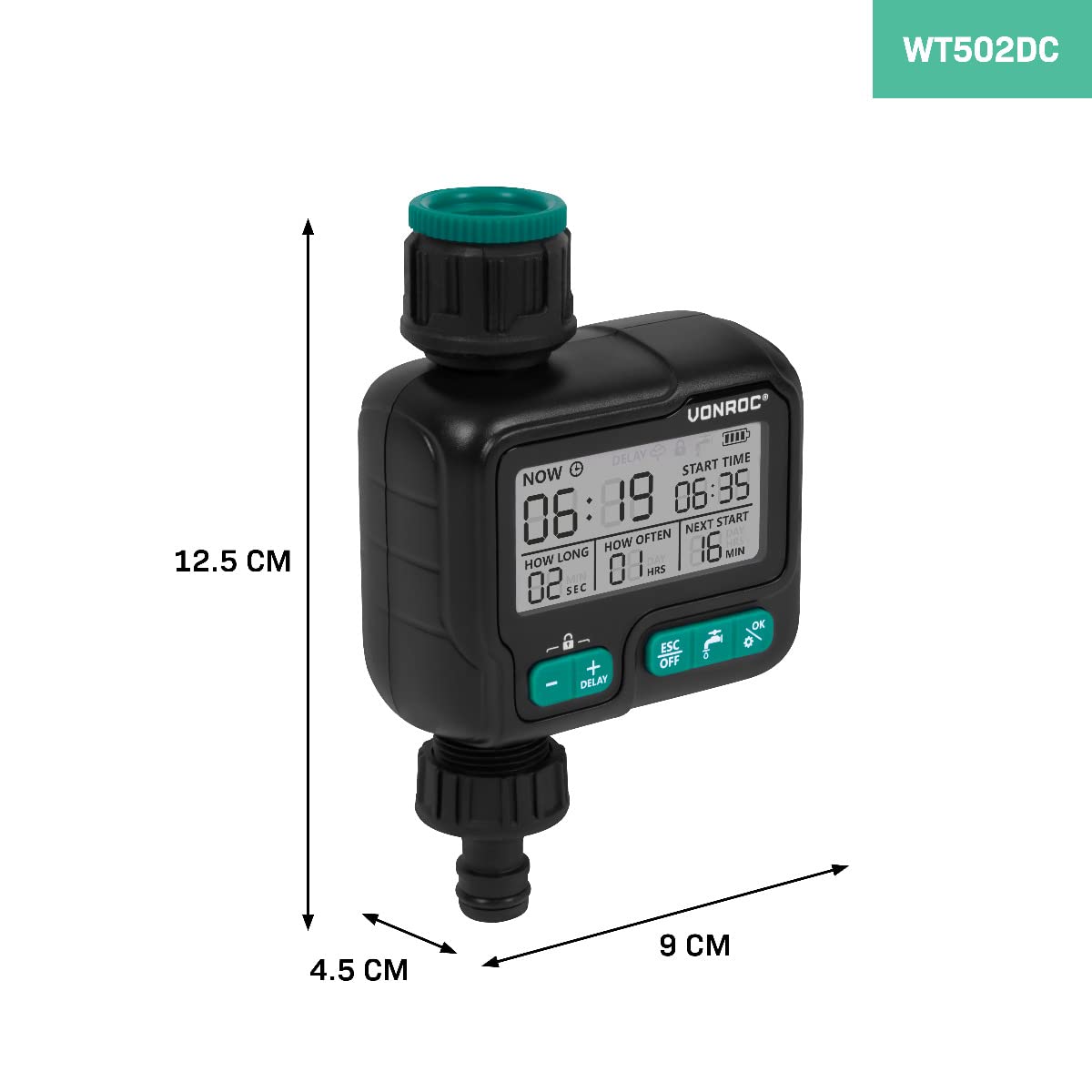 VONROC Minuteur d'Arrosage Numérique - Programmable de 1 Heure à 15 Jours - Arrosage Automatique Entre 1 Sec à 99 Min - Automatisez Votre Arrosage en Toute Simplicité