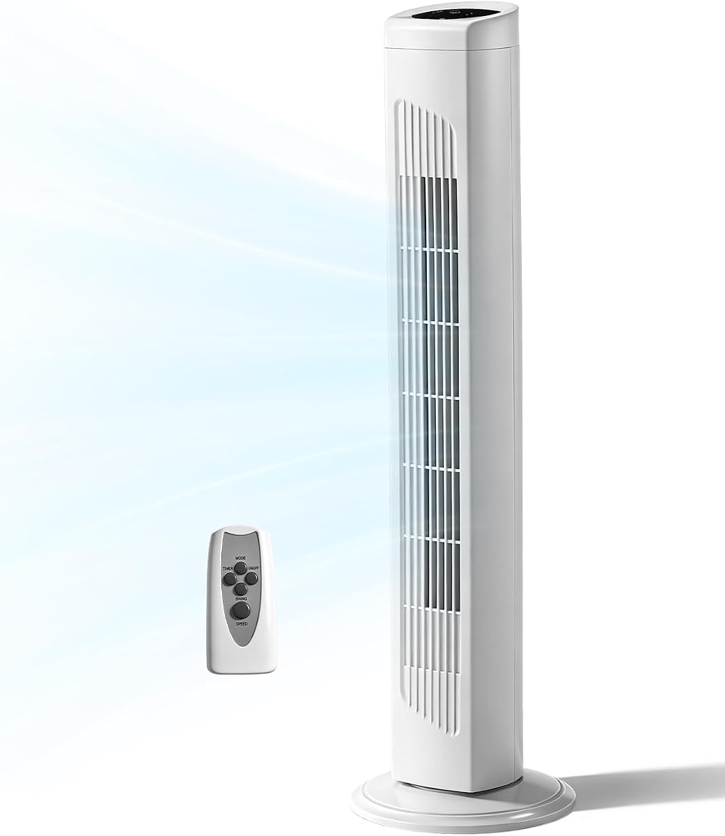 Winado Ventilador de torre sin aspas de 32 pulgadas para enfriar el dormitorio de la oficina en casa, blanco | Ventilador de piso portátil ultra silencioso con control remoto, oscilación ajustable de 90°, 3 velocidades, 3 modos y temporizador de 7.5H