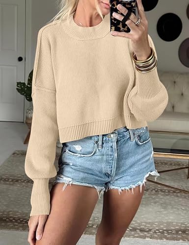 Image of Womens Cropped Pullover Sweater Polka Dot Chunky Knit Sweater Floral Printed Crewneck Long Sleeve Fall Winter Outfits