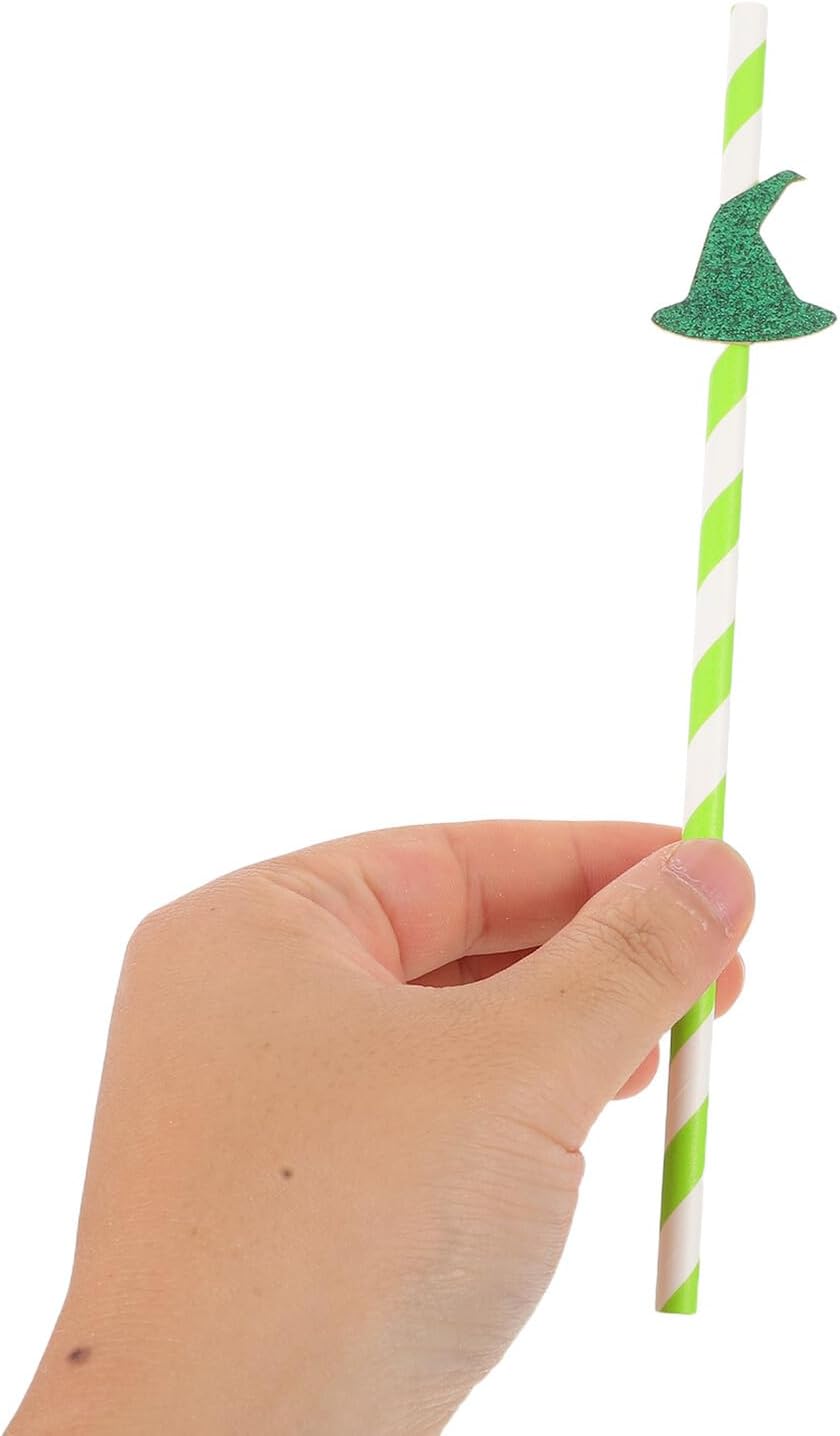 100pcs Halloween Paper Drinking Straws with Green Stripes and Witch Hat Decorations, Disposable Paper Party Straws for Juice, Milk Tea, Ice Coffee, Halloween Party Supplies