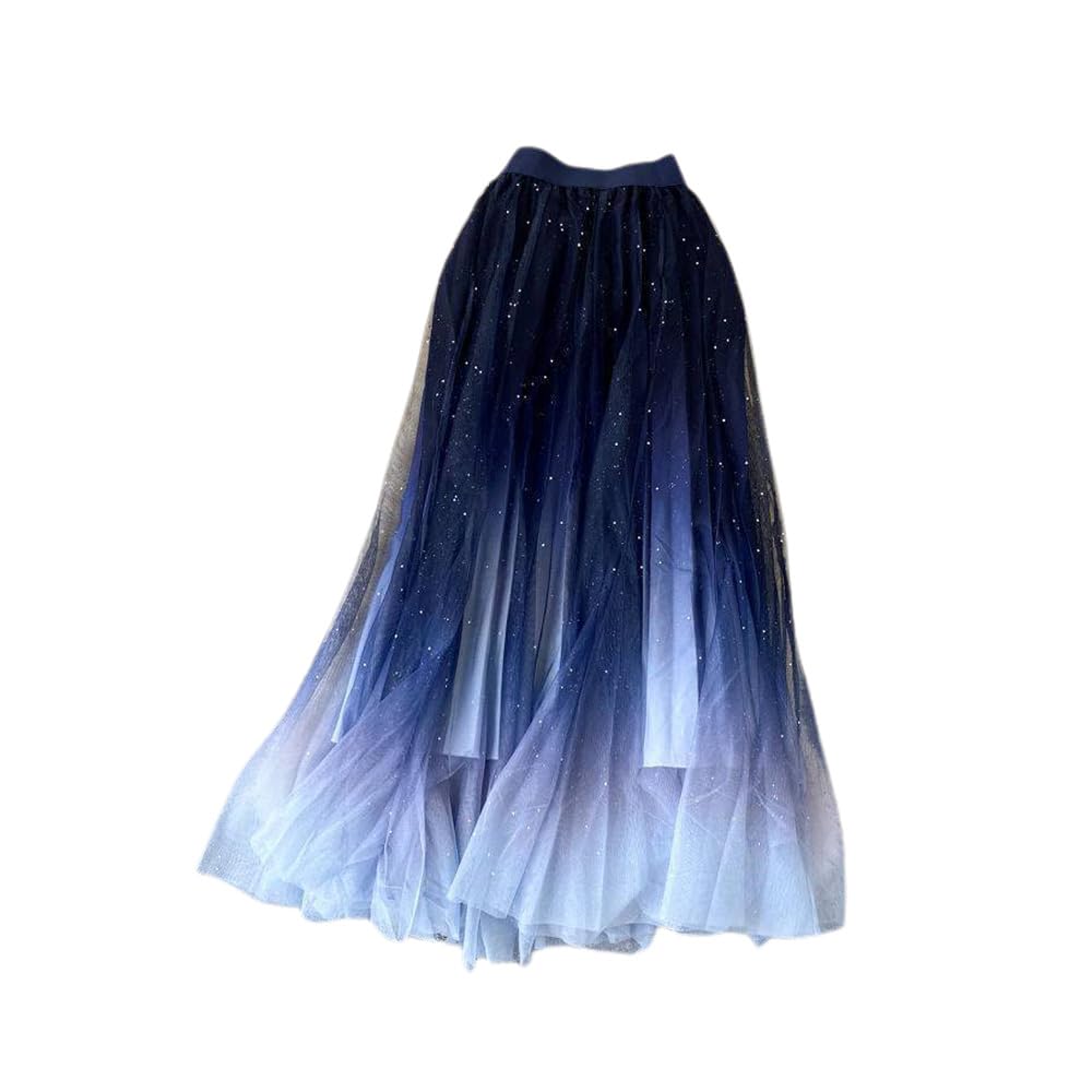 Falda de Malla de Color Degradado de Cielo Estrellado, Faldas con Estampado de Cielo Estrellado, Falda Plisada de Cintura Alta para Mujer