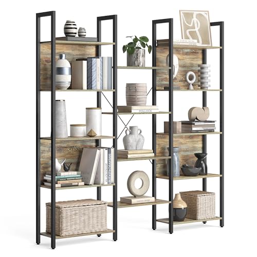 VASAGLE Librería, Estantería de Almacenamiento, con 14 Estantes, Marco de Metal, para Sala de Estar, Estudio, Oficina, Estilo Industrial, 24 x 158 x 166 cm, Roble con Grano Azul y Negro LLS107B60