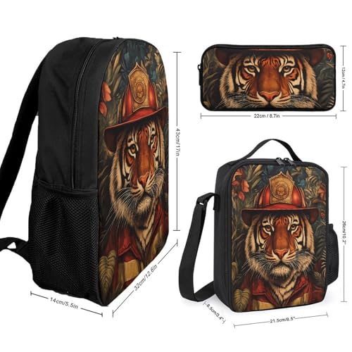 Tiger Firefighter Classic Backpack Lunch Bag Pencil Case 3 Piece Set Travel Daypack2