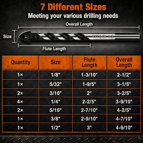 Image of 12-Piece Masonry Drill Bit Set & Concrete Drill Bit Set, 7 Sizes, 1 /8 inch-1 /2 inch | Carbide Drill Bits for Tile, Ceramic, Glass, Cement & Brick, Bath & Kitchen, Dual U-Groove, 3-Flat Shank, Standard Drill Fit