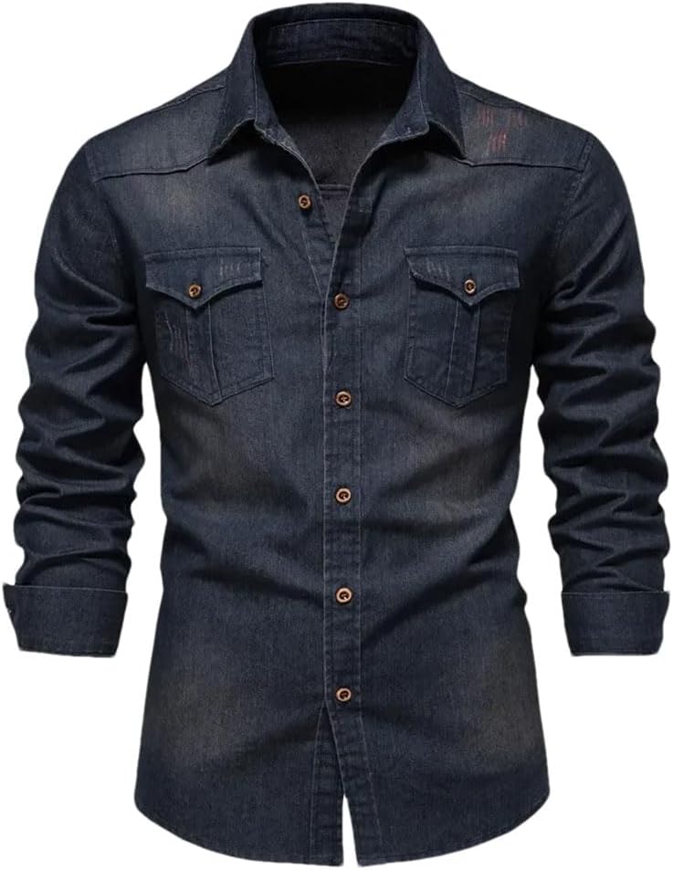 Elastic Cotton Denim Shirt Men Long Sleeve Men Casual Slim Fit Top Coat