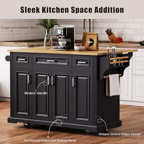 Yayzy Rolling Kitchen Island with Drop Leaf, 4 Cabinet Doors, 3 Drawers & Side Storage Racks, Mobile Kitchen Cart with Rubberwood Top & Locking Wheels for Dining Room & Kitchen, 54-Inch, Black - Thumbnail 4