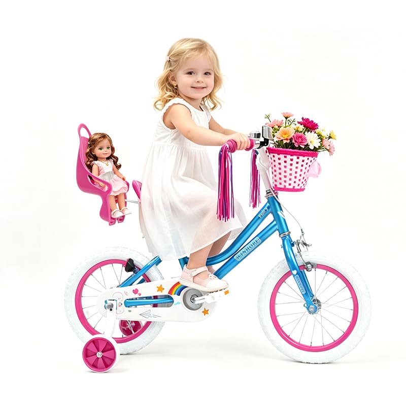 Image of WinHope Girls Bike with Doll Seat, 12 14 16 18 20 Inch Kids Bike for 2-12 | Dual Brake with Training Wheels / Kickstand & Streamers Birthday Gift for Toddler Outdoor Riding, Multiple Colors