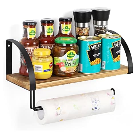 Paper Towel Holder with Shelf Wall Mount Rustic Paper Towel Roll Rack Farmhouse Pine Wood Under Cabinet Spice Rack for Kitchen Hanging Paper Towel Holder for Bathroom - Light Brown Cover