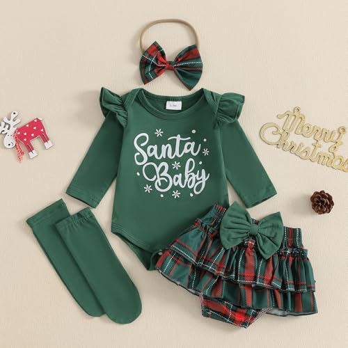 My First Chtistmas Baby Girl Outfits Ruffle Long Sleeve Romper Plaid Tutu Shorts Headband Socks 4pcs Fall Clothes2