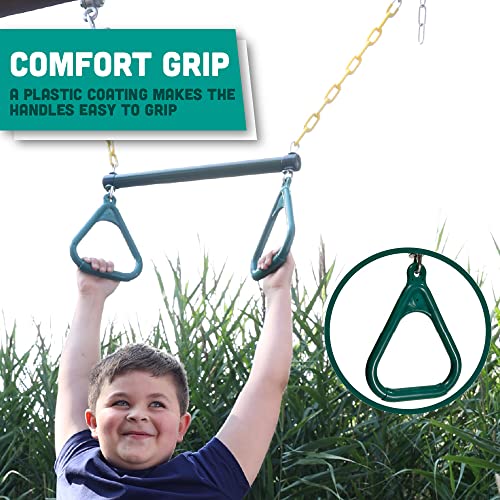 Squirrel Products Fully Coated Trapeze Swing Bar With Rings Heavy Duty Chain Swing Set Accessories Designed For Backyard Playground Sets Green #TOP2