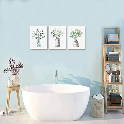 Miniatura 5 de AHUASJART Lienzo decorativo para pared, pinturas para cocina, comedor, decoración de pared familiar, florero de hojas verdes, 3 piezas