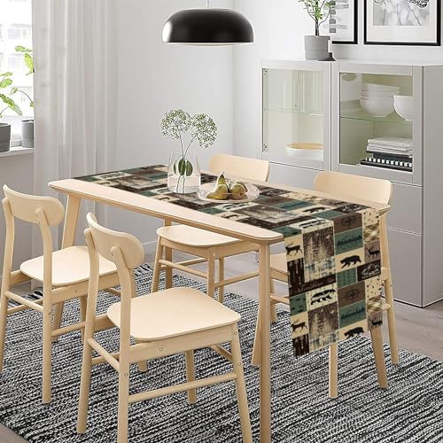 Image of Country Rustic Farmhouse Deer Table Runner Tabletop Cover Vintage Cabin Bear Mountain Hunting Wild Animal Plaid Checkered Printed for Kitchen Dining Room 13x72 Inch