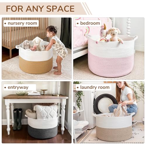Image of INDRESSME Large Laundry Basket, 21.7'' x 13.8'' Cotton Rope Blanket Basket Living Room Toy Baskets Storage Kids, Woven Baskets for Dirty Clothes, Pillows, Towel, 90L Light Brown