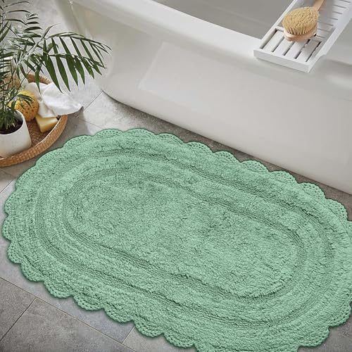 Chardin home Sage Green Crochet Bathrug, 100% Cotton Oval bathmat